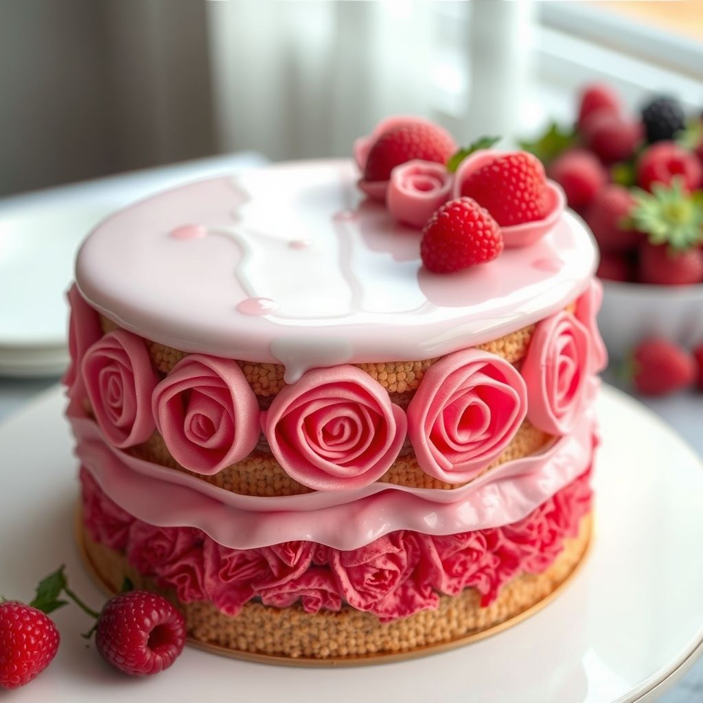 Des couches luxuriantes d'un gâteau ombré rose invitent avec leur texture douce et veloutée, présentant trois nuances distinctes mais harmonieuses de rose, complétées par des tourbillons de glaçage plus clair et plus foncé. Une part parfaite a été soigneusement retirée, révélant les couches délicieuses de gâteau à la fraise, entrelacées de glaçage blanc crémeux qui contraste élégamment avec les couleurs vives du gâteau. Le glaçage décoratif sur le dessus présente des rosettes complexes et des accents perlés, ajoutant une touche artistique à la présentation. Posé sur une assiette beige douce, le gâteau est accompagné d’un tissu rose pastel, créant une ambiance chaleureuse et invitante qui suggère une occasion festive. L'image rayonne d'une douceur joyeuse, idéale pour une réunion spéciale ou une pause gourmande.