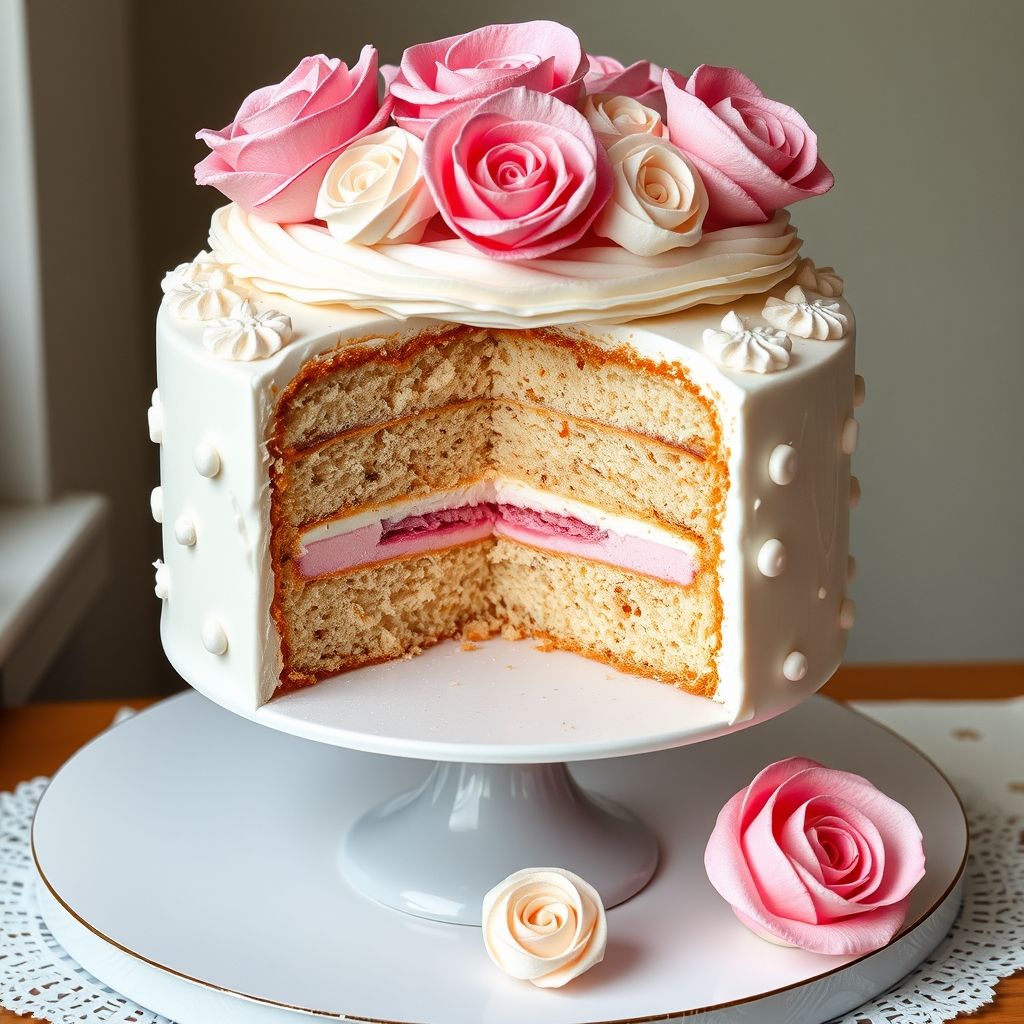 Un gâteau magnifiquement étagé séduit par ses teintes roses douces et ses détails de glaçage complexes, révélant un intérieur somptueux mêlant nuances de rose et blanc. Le gâteau comporte plusieurs couches de génoise séparées par un glaçage crémeux, décoré de motifs minutieux tels que des tourbillons et des roses en glaçage. Présenté sur une assiette ronde avec un tissu rose pastel à proximité, il dégage une ambiance chaleureuse et festive, idéale pour une occasion spéciale, source de douceur et de plaisir.