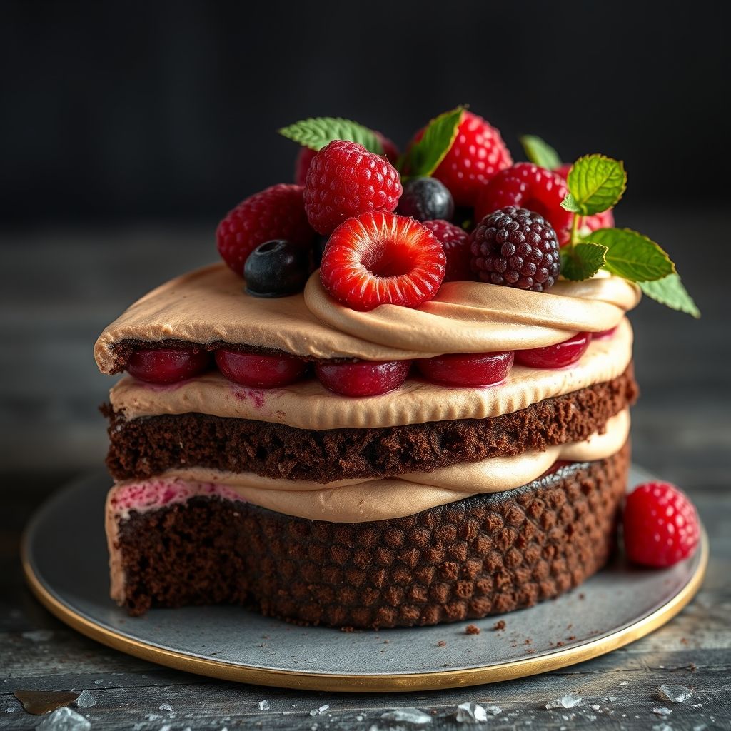 Des couches décadentes de gâteau au chocolat et mousse s'animent dans cette tranche délicieuse, surmontée d'un généreux tourbillon de crème fouettée et de framboises fraîches. La base riche en cacao contraste magnifiquement avec les textures légères au-dessus, tandis que les framboises rouges vives apportent une pointe d'acidité et de couleur. Une fine poussière de copeaux de chocolat complète l'ensemble, attirant l'œil pour un plaisir gourmand. Le décor comprend une couverture douce aux tons atténués et des touches de verdure en arrière-plan flou, renforçant l'atmosphère chaleureuse et accueillante. La composition dégage une ambiance de douceur, idéale pour toute occasion sucrée.