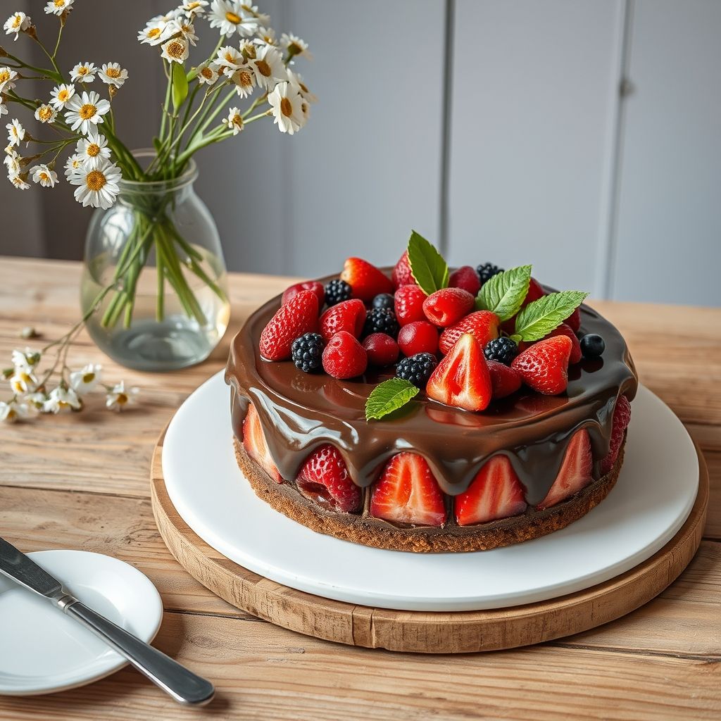 Un gâteau au chocolat à trois couches délicieux trône au centre, garni d'un assortiment vibrant de baies fraîches, dont fraises, framboises, myrtilles et mûres, nichées au-dessus d'un glaçage chocolaté riche et crémeux. Le gâteau repose sur une assiette blanche simple, élégamment posée sur une table en bois rustique qui ajoute une touche chaleureuse. À proximité, un vase en verre transparent déborde de fleurs blanches délicates et de feuilles vertes fraîches, rehaussant la fraîcheur et l’esprit printanier. Une tasse blanche, probablement remplie d'une boisson chaude, ajoute une ambiance cosy, tandis que la lumière naturelle douce baigne la scène, évoquant une atmosphère de célébration et de gourmandise.