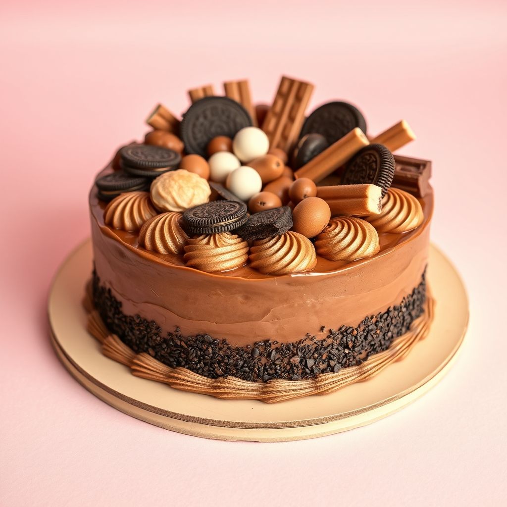 Un gâteau au chocolat somptueux est présenté sur une assiette beige clair, sa ganache au chocolat mi-sucré coulant élégamment sur les côtés, créant un effet brillant. Sur le dessus, un assortiment gourmand d'éléments chocolatés, incluant des biscuits Oreo, des barres de chocolat et des feuilles de chocolat finement dessinées, forme un festin visuel mêlant brun foncé et blanc crémeux. Le fond pastel rose doux accentue la présentation élégante du gâteau, renforçant son attrait. De petites pépites de chocolat et confiseries rondes autour de la base ajoutent à la scène festive, évoquant célébration et délice dans chaque détail.