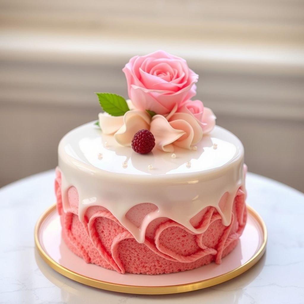 Des couches luxuriantes d'un gâteau ombré rose invitent avec leur texture douce et veloutée, présentant trois nuances distinctes mais harmonieuses de rose, complétées par des tourbillons de glaçage plus clair et plus foncé. Une part parfaite a été soigneusement retirée, révélant les couches délicieuses de gâteau à la fraise, entrelacées de glaçage blanc crémeux qui contraste élégamment avec les couleurs vives du gâteau. Le glaçage décoratif sur le dessus présente des rosettes complexes et des accents perlés, ajoutant une touche artistique à la présentation. Posé sur une assiette beige douce, le gâteau est accompagné d’un tissu rose pastel, créant une ambiance chaleureuse et invitante qui suggère une occasion festive. L'image rayonne d'une douceur joyeuse, idéale pour une réunion spéciale ou une pause gourmande.