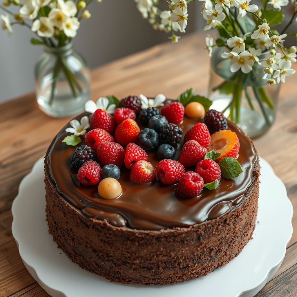 Un gâteau au chocolat à trois couches délicieux trône au centre, orné d'un assortiment vibrant de baies fraîches, incluant fraises, framboises, myrtilles et mûres, nichées au-dessus d'un glaçage chocolaté riche et crémeux. Le gâteau repose sur une assiette blanche simple, élégamment posé sur une table en bois rustique qui ajoute une touche chaleureuse. À proximité, un vase en verre transparent déborde de fleurs blanches délicates et de feuilles vertes fraîches, rehaussant la fraîcheur et l’esprit printanier. Une tasse blanche, probablement remplie d'une boisson chaude, ajoute une ambiance cosy, tandis que la lumière naturelle douce baigne la scène, évoquant une atmosphère de célébration et de gourmandise.