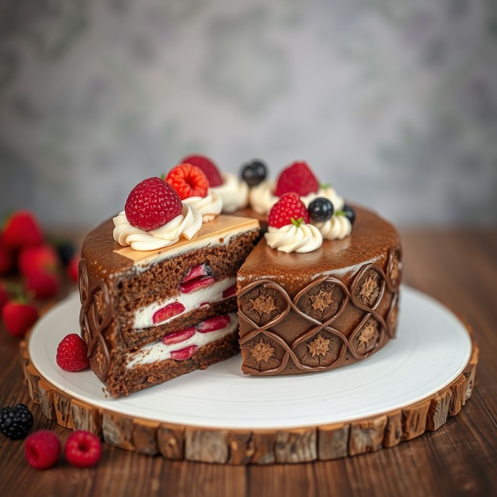 Des couches de délice crémeux forment un gâteau magnifiquement confectionné, présentant du chocolat riche, des baies roses douces et de la crème fouettée légère, le tout couronné élégamment de fraises, framboises et myrtilles fraîches. Une part généreuse a été coupée, révélant les strates colorées qui invitent le regard avec un jeu tentant de textures et saveurs. Le gâteau repose sur une assiette blanche simple, créant un fort contraste avec la surface en bois chaude en arrière-plan, suggérant une ambiance cosy et accueillante. Une lumière naturelle douce accentue les couleurs vibrantes et les finitions brillantes des fruits et crème, suggérant un délice parfait pour les célébrations. L’ambiance est celle de la gourmandise et de la douceur, invitant à savourer cette précieuse douceur.