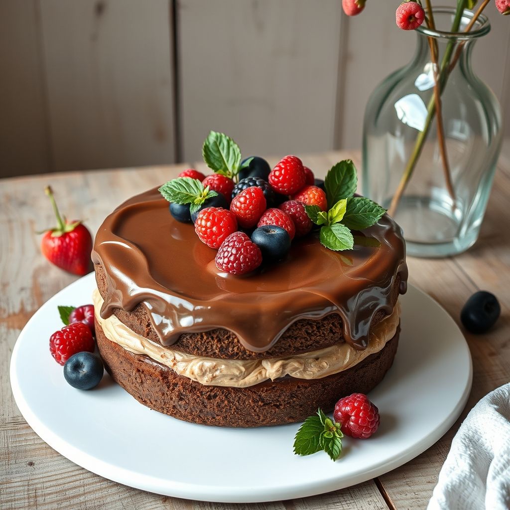 Un gâteau au chocolat décadent à trois couches généreusement garni d'un glaçage crémeux, orné d'un assortiment éclatant de baies fraîches — fraises, myrtilles, framboises et mûres — qui ajoutent des touches de couleur contrastant avec le riche brun du gâteau. Ce dessert gourmand est présenté sur une assiette blanche simple, posée sur une table en bois rustique qui renforce l'atmosphère chaleureuse et accueillante. Sur la gauche, un vase en verre délicat contient des branches avec de petites fleurs blanches et des feuilles vertes, complétant l'ambiance festive évoquée par le gâteau. Une tasse blanche, probablement remplie d'une boisson chaude, est placée à proximité, invitant à un moment cosy. La composition et l'éclairage doux créent une ambiance sereine et joyeuse, idéale pour une réunion ou une occasion spéciale.